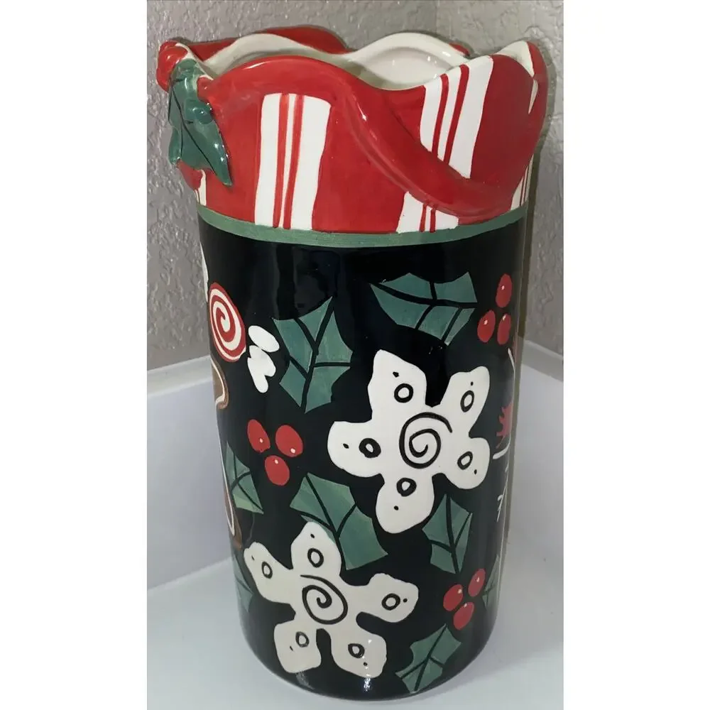 Nicole Engblom Large Ceramic Art Hand Painted Christmas Vase Snowman Gingerbread